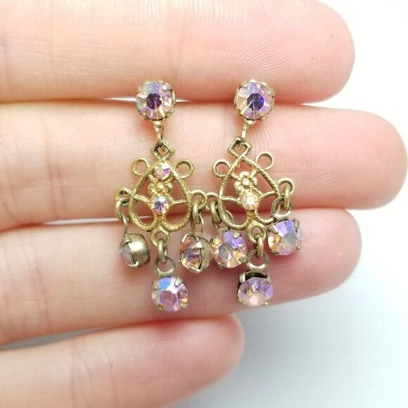 Vintage Pink AB Rhinestone Dangle Stud Earrings Gold Tone Filigree Design Estate - Picture 6 of 6